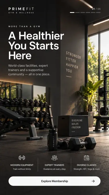 A gym web story for PrimeFit, “A Healthier You Starts Here”